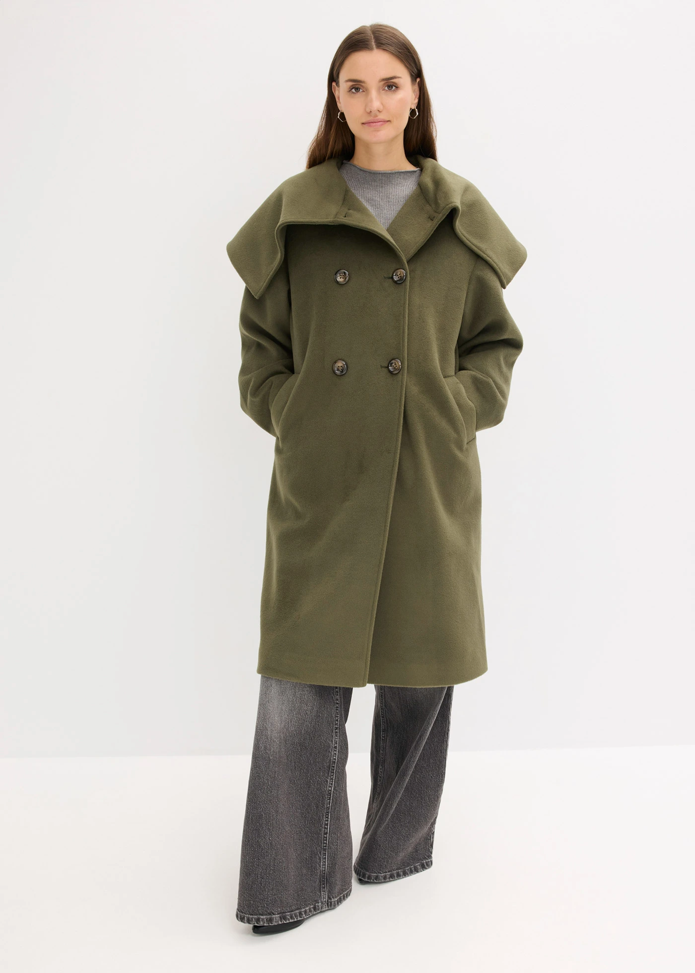 Płaszcz oversize z materiału w optyce wełny, z szerokim kołnierzem • ciemny oliwkowy • sklep bonprix