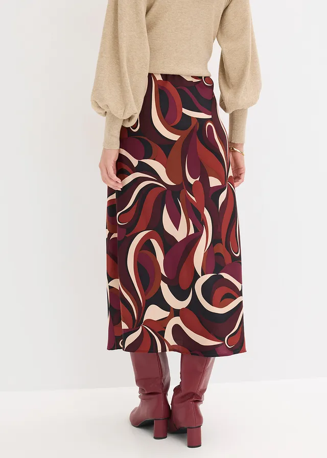 Midirok van soepel satijn • wijnrood-mat beige gedessineerd • product-page.page-title-suffix
