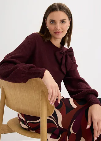 Sweter z ozdobną kokardką • czerwony winny melanż • sklep bonprix