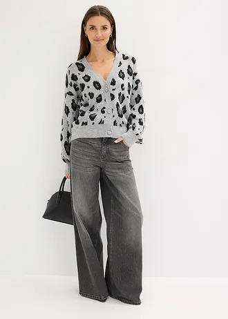 Pletený kabátek se vzorem • šedý melír-černá s leopardím vzorem • bonprix obchod