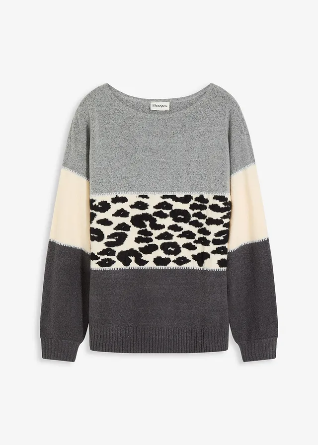 Oversized trui, Kleur: grijs gemêleerd-antraciet gemêleerd luipaardprint