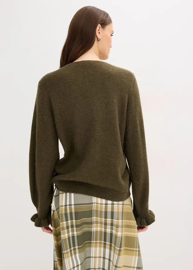 Oversized vest van zachte wolmix, Kleur: donkerolijfgroen/mat olijfgroen mêlee