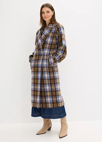 Lange jas met ballonmouwen, Kleur: donkerbruin/saffierblauw geruit