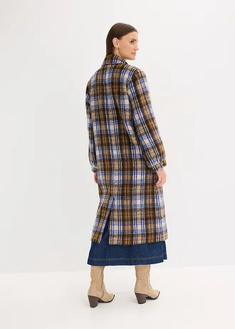 Lange jas met ballonmouwen, Kleur: donkerbruin/saffierblauw geruit