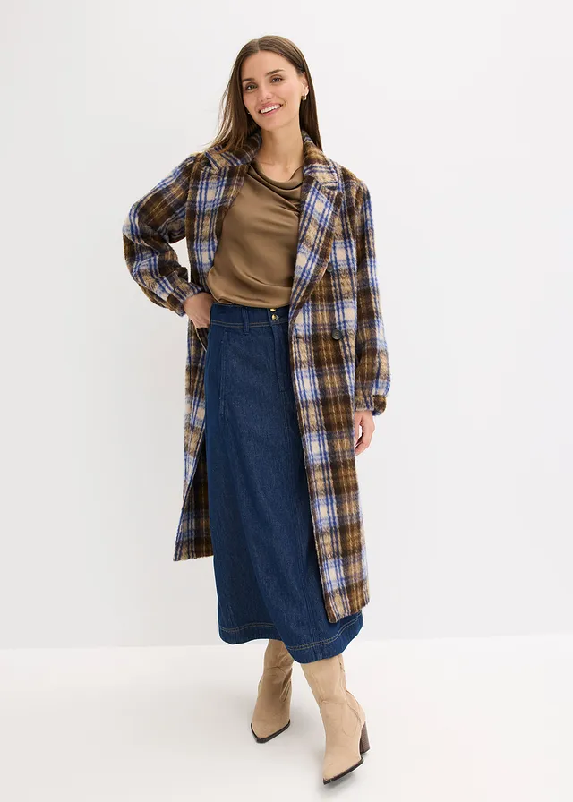 Lange jas met ballonmouwen, Kleur: donkerbruin/saffierblauw geruit