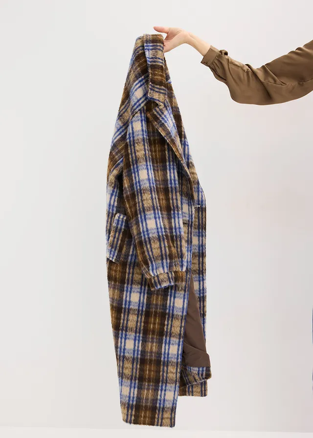 Lange jas met ballonmouwen • donkerbruin/saffierblauw geruit • product-page.page-title-suffix