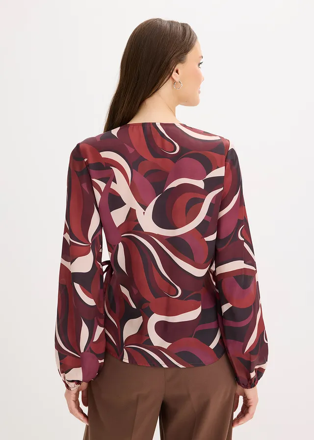 Wikkelblouse van soepelvallend satijn, Kleur: wijnrood-mat beige gedessineerd