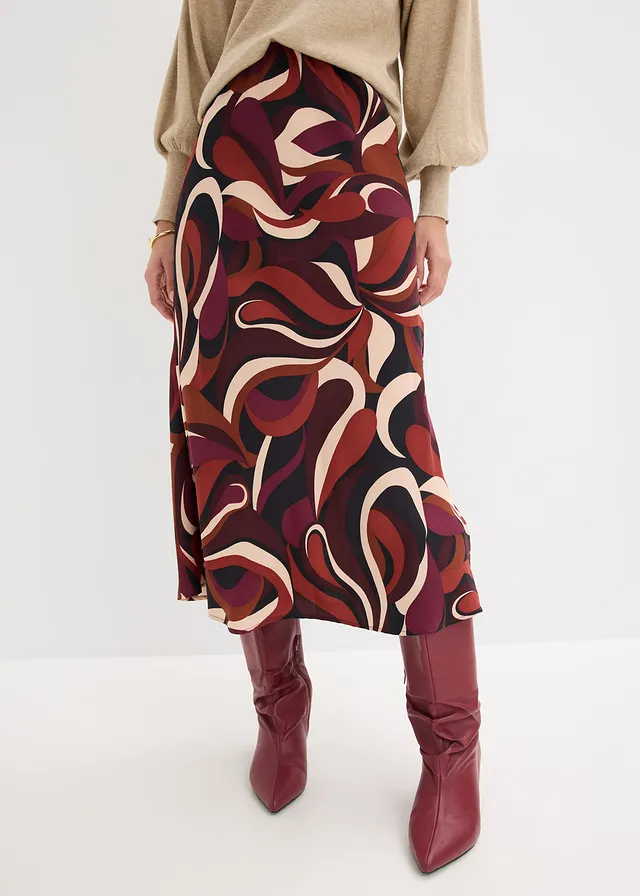 Midirok van soepel satijn • wijnrood-mat beige gedessineerd • product-page.page-title-suffix