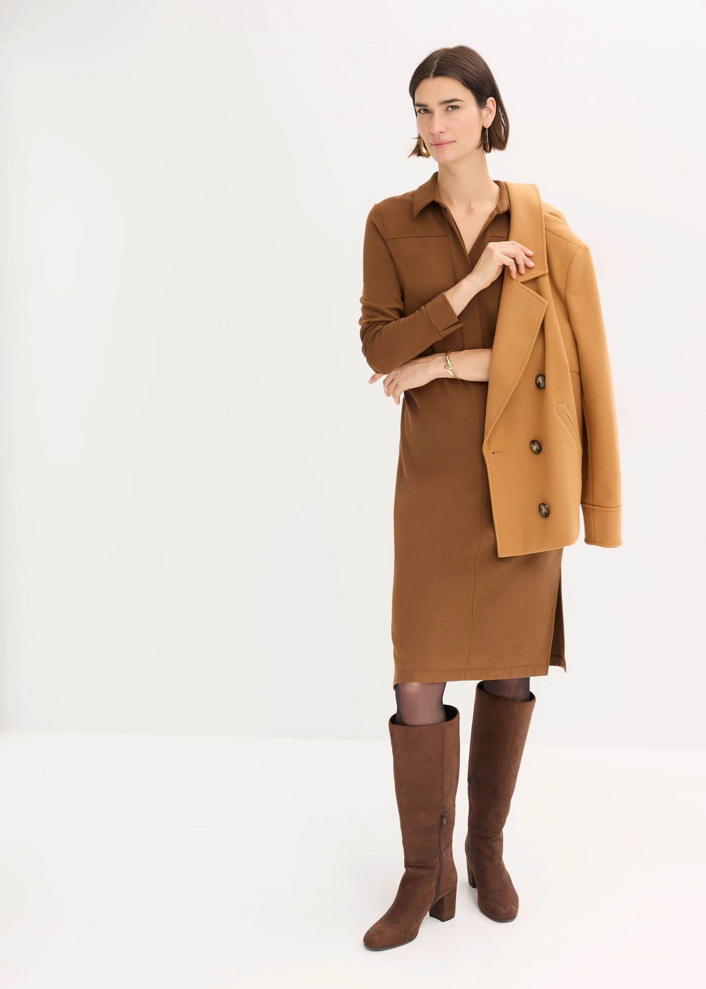 Robe-chemise en Punto di Roma • marron • Boutique bonprix