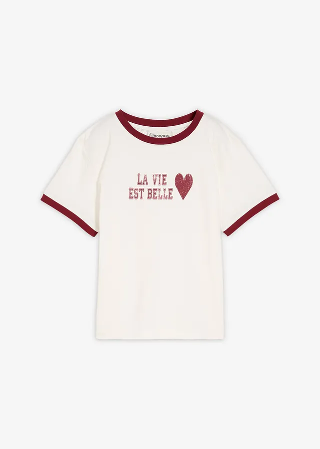 T-shirt van biologisch katoen, Kleur: wolwit-rood met print