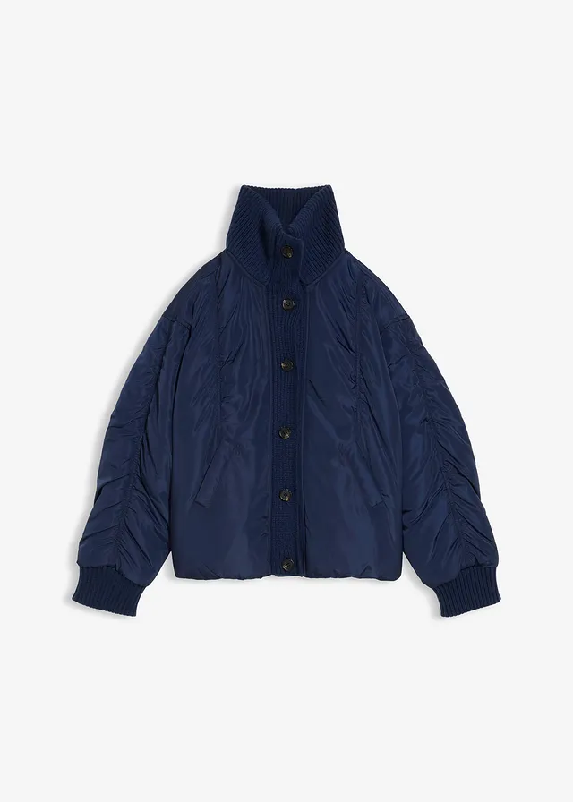 Gewatteerde jas met gebreide mouwboorden, Kleur: donkerblauw