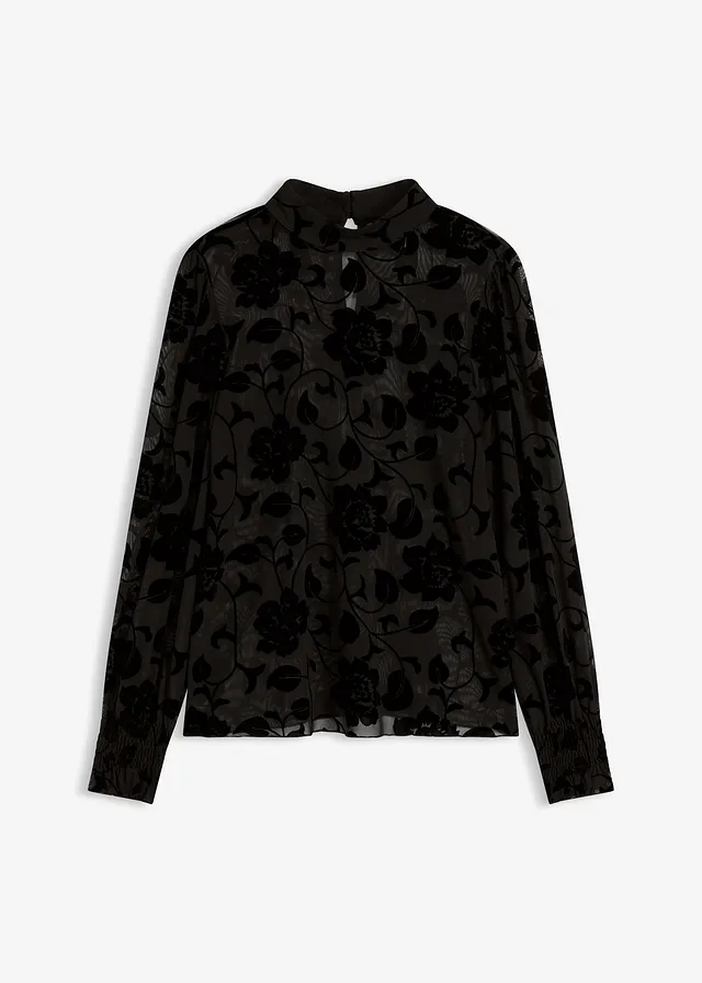 T-shirt manches longues légèrement transparent avec imprimé floqué • noir • Boutique bonprix