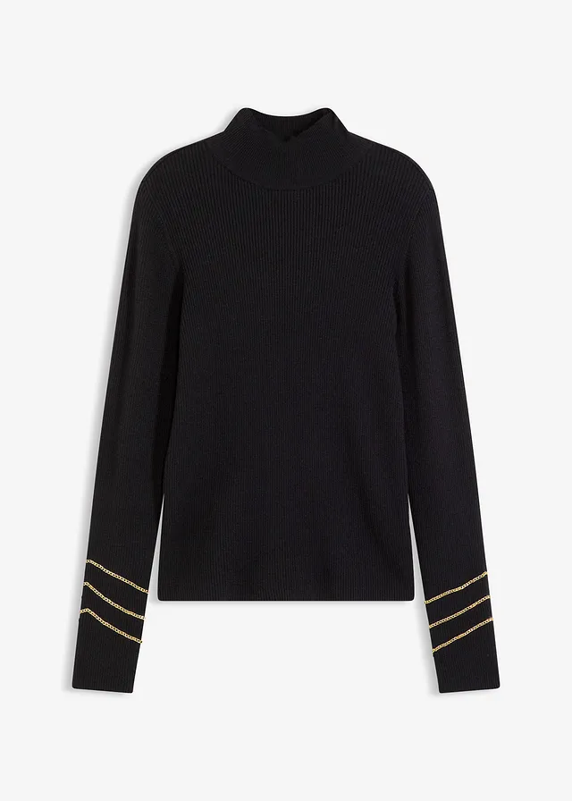 Fijngebreide trui met goude biezen • zwart • bonprix online shop