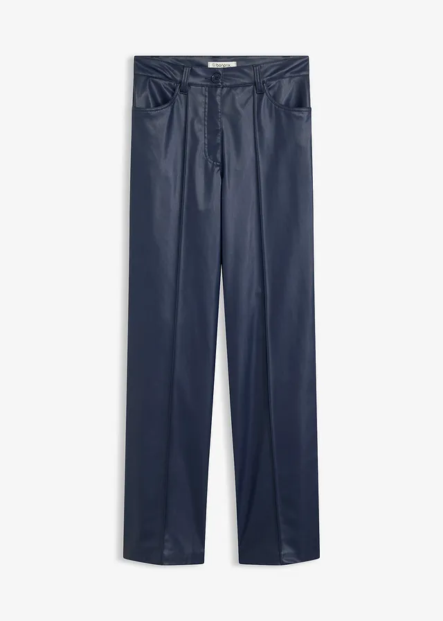Pantaloni din imitație de piele, cu dungă, wide leg