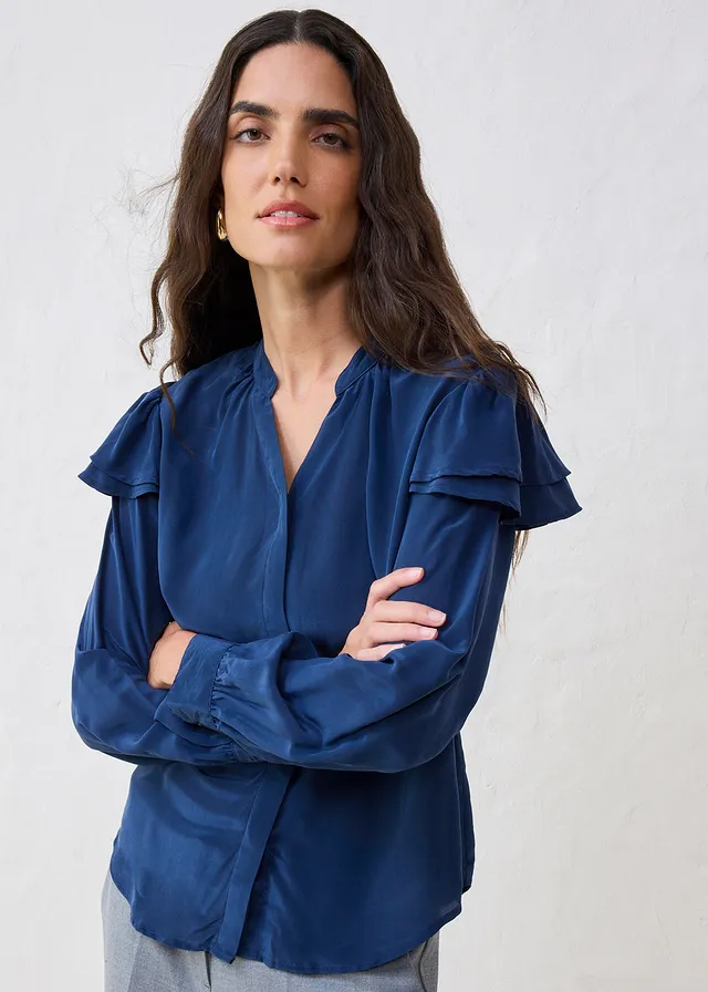 Blouse met zijde, Kleur: donkerblauw