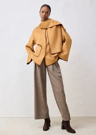 Wollen jas met sierborduursel (2-dlg. set met sjaal), Kleur: hazelnoot