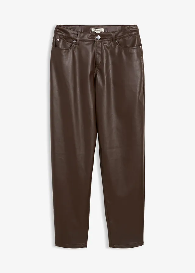 Pantaloni din imitație de piele cu croi barrel, talie medie