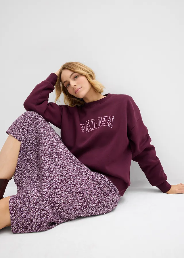 Oversized sweater van katoenmix wijnrood gedessineerd