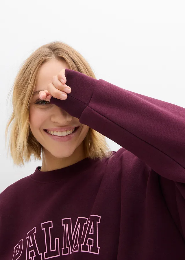 Oversize mikina z bavlněné směsi • vínovo-růžová s potiskem • bonprix obchod