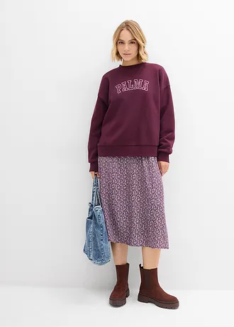Oversized sweater van katoenmix, Kleur: wijnrood-roze met print