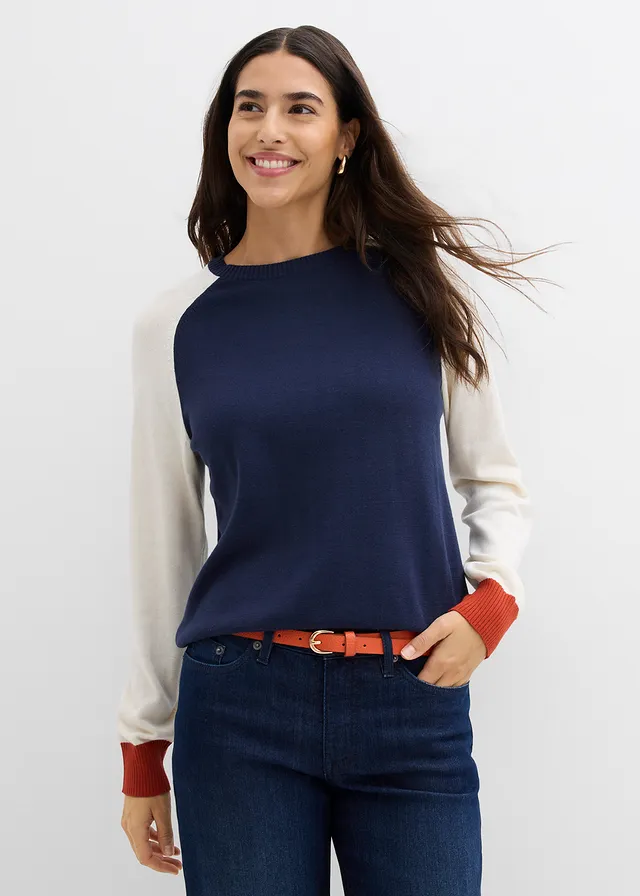 Fijngebreide raglantrui, Kleur: natuurbeige-donkerblauw-lavaoranje