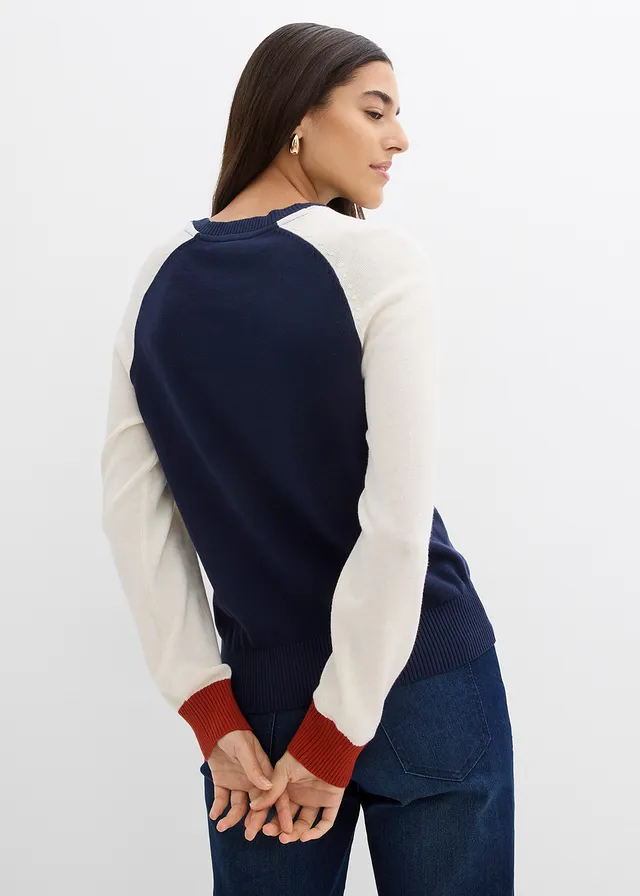 Fijngebreide raglantrui, Kleur: natuurbeige-donkerblauw-lavaoranje