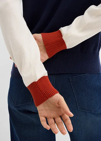 Pull en maille fine à manches raglan • beige naturel-bleu foncé-orange lave • Boutique bonprix