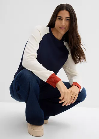 Pulover raglan din tricotaj fin • bej natur-bleumarin-oranj-lavă • magazin bonprix