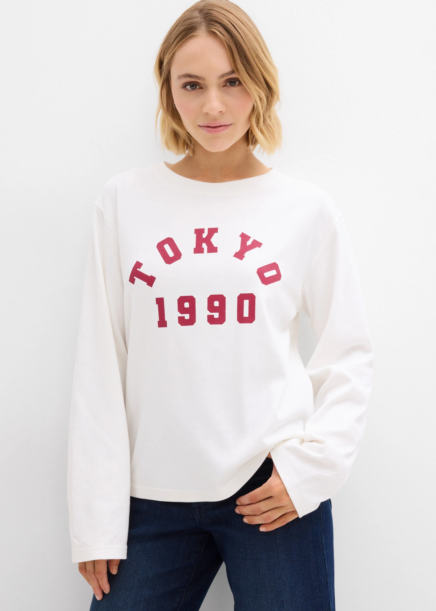 Triko s dlouhým rukávem, z čisté bavlny • přírodní bílo-švestkově červená • bonprix obchod