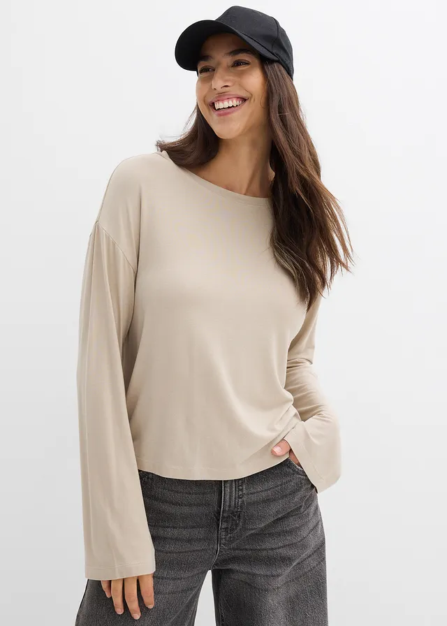 Oversized shirt in een soepele viscose-elastanmix, Kleur: sand
