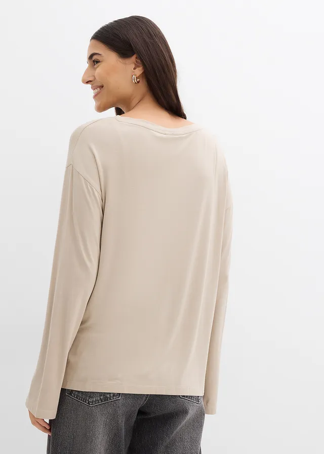 Oversized shirt in een soepele viscose-elastanmix, Kleur: sand