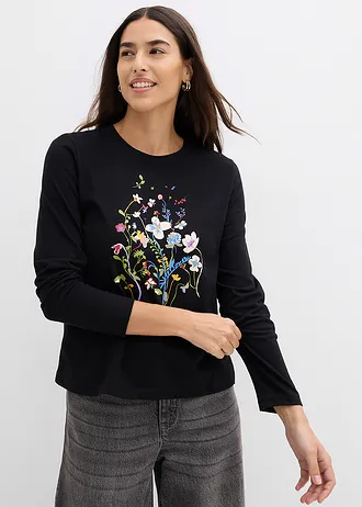 Longsleeve van katoen, Kleur: zwart gebloemd