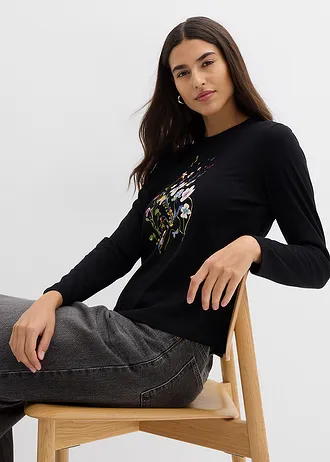 Bluză cu mâneci lungi 100% dim bumbac • negru înflorat • magazin bonprix