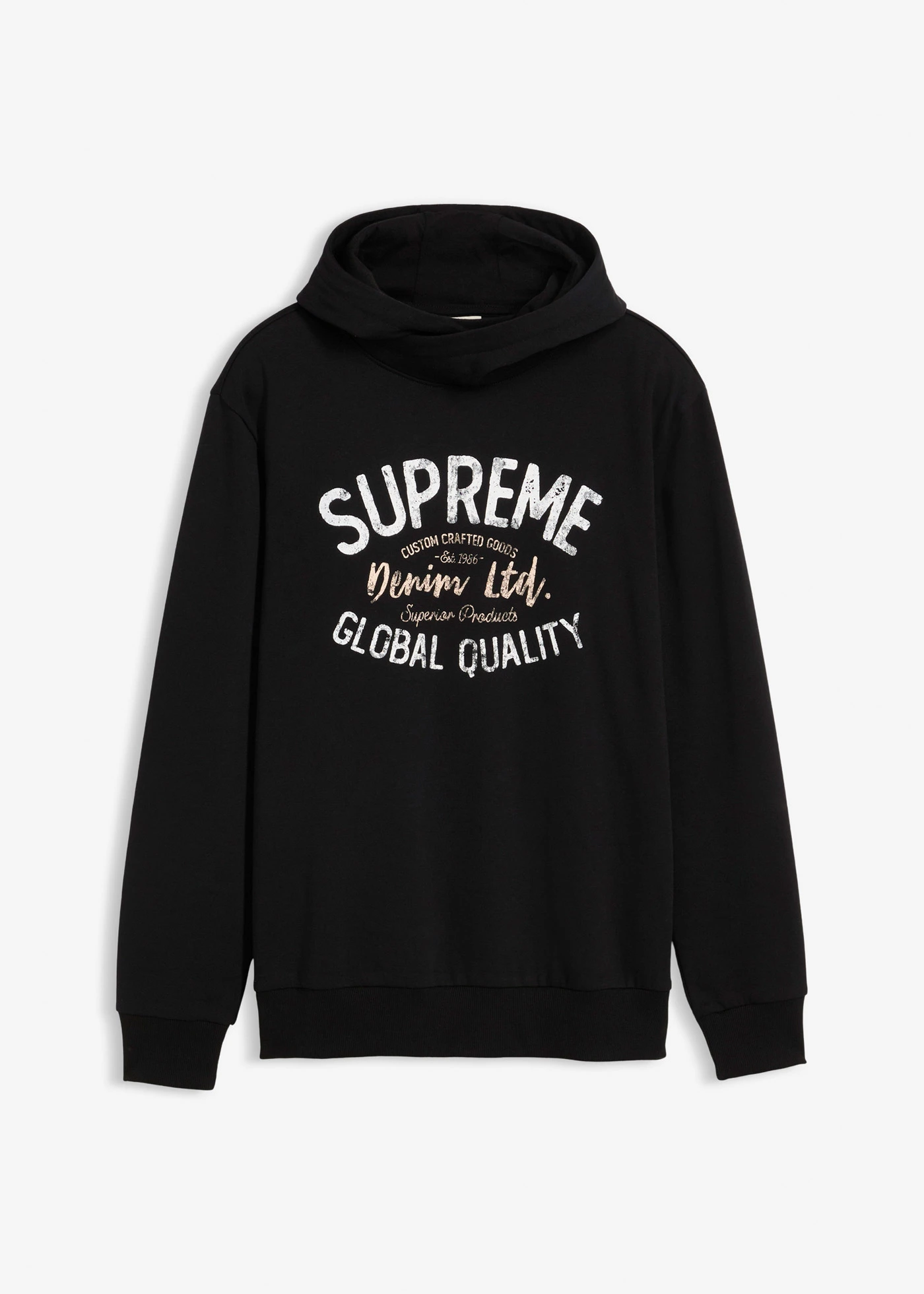 Mikina s kapucí, z měkké bavlněné směsi • černá s potiskem • bonprix obchod