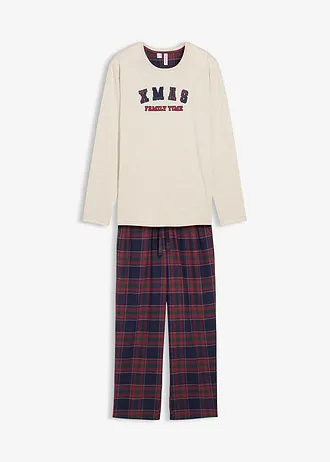 Pyjama homme avec pantalon en flanelle et pochette cadeau • naturel chiné-bleu foncé carreaux • Boutique bonprix