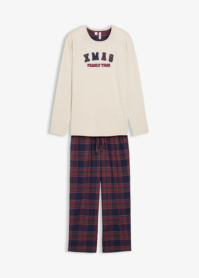 Pyjama homme avec pantalon en flanelle et pochette cadeau • naturel chiné-bleu foncé carreaux • Boutique bonprix