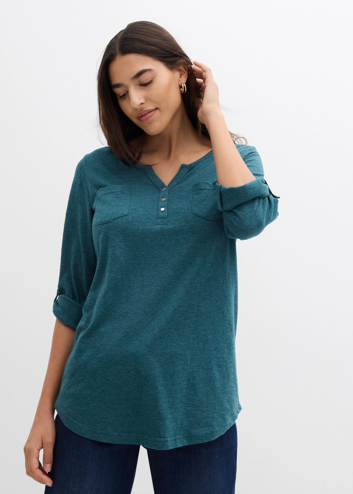 Bavlněné tričko Henley s knoflíkovou légou • zelený pepř melír • bonprix obchod