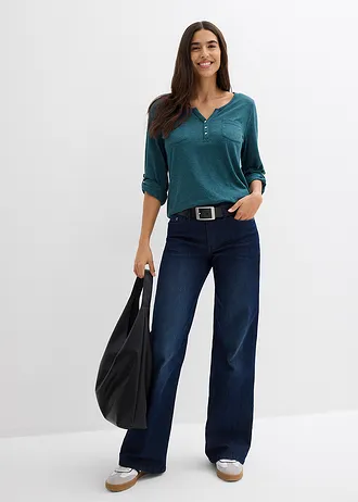 Bavlněné tričko Henley s knoflíkovou légou • zelený pepř melír • bonprix obchod