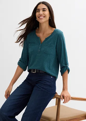 Bavlněné tričko Henley s knoflíkovou légou • zelený pepř melír • bonprix obchod