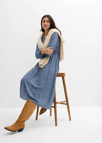 Midi jurk van soepele viscose, Kleur: donkerblauw gedessineerd