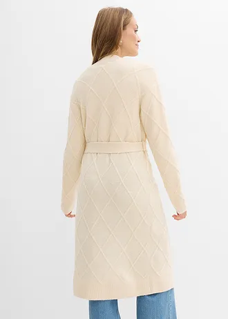 Lang gebreid vest met kabelpatroon, Kleur: natuurbeige