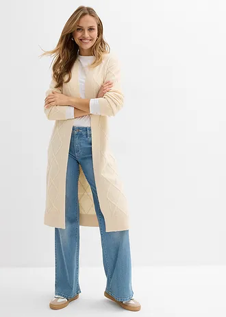 Lang gebreid vest met kabelpatroon, Kleur: natuurbeige