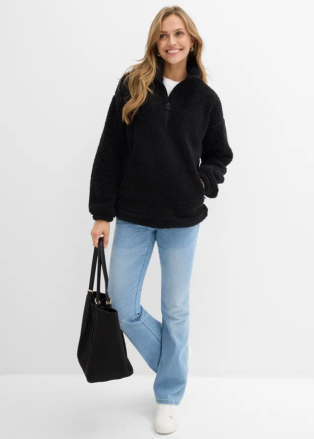 Oversized fleece trui met opstaande kraag en zakken lichtblauw used