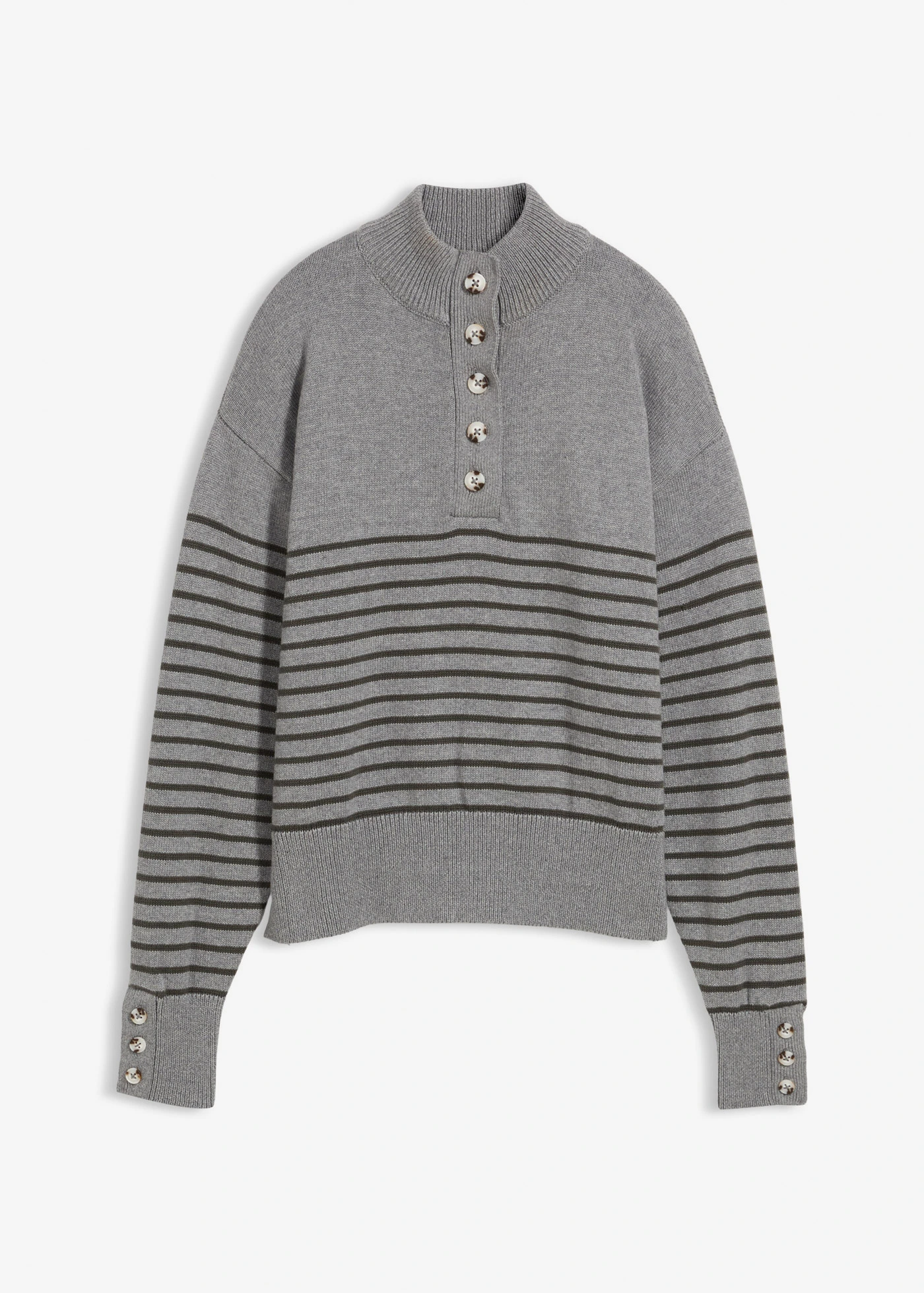 Svetr s propínacím límečkem • šedý melír-antracitová s proužky • bonprix obchod