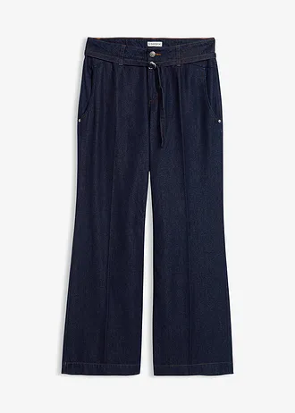 Wide leg jeans mid waist met riem, Kleur: donkerblauw denim