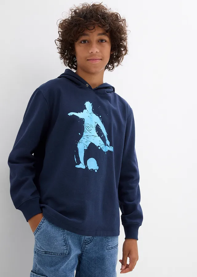 Sweat à capuche doux en coton mélangé, Couleur: bleu foncé imprimé