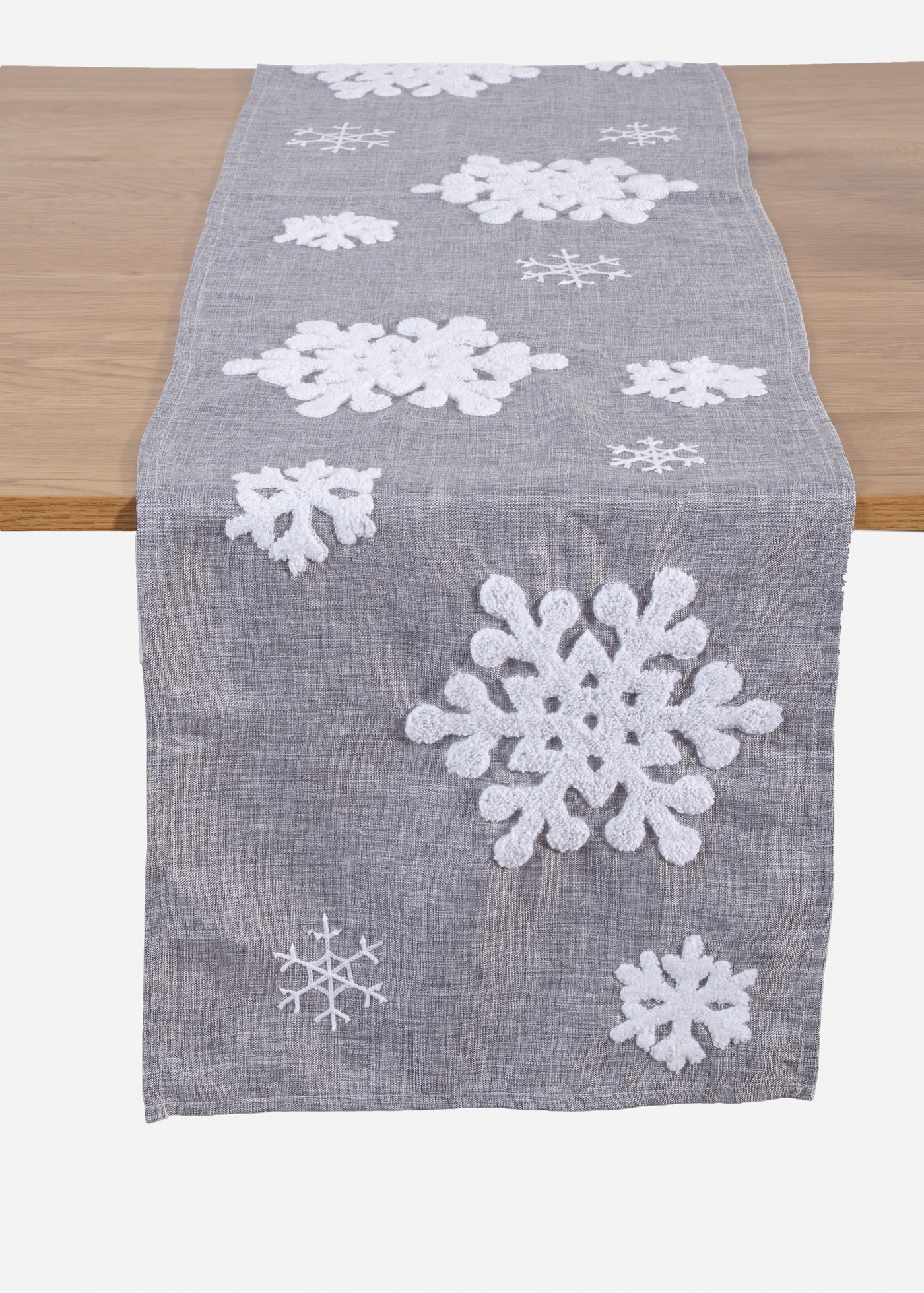 Tafelloper met fluffy sneeuwvlokken • lichtgrijs-wit • bonprix online shop