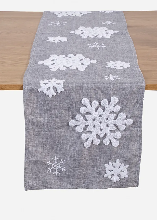 Tafelloper met fluffy sneeuwvlokken • lichtgrijs-wit • bonprix online shop