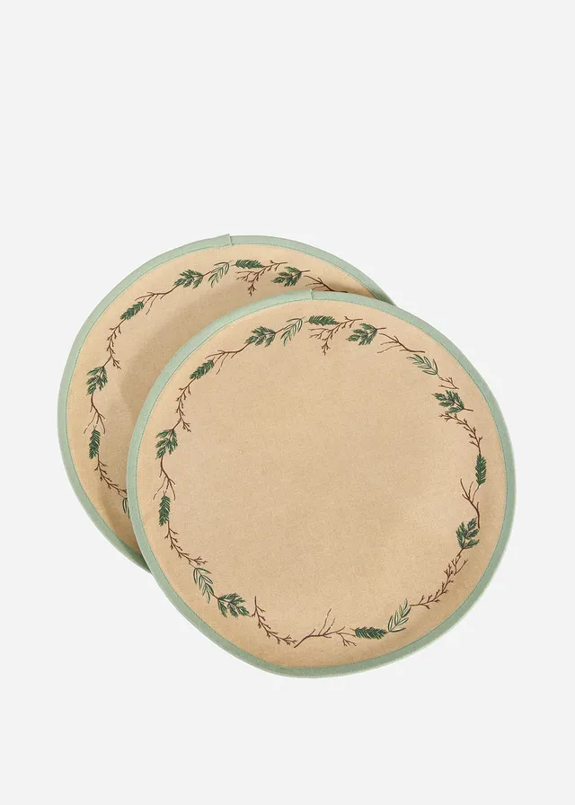 Set accesorii de masă din bumbac organic (set/2 buc.), culoare: maro deschis-alb-verde-maro închis-verde-molid