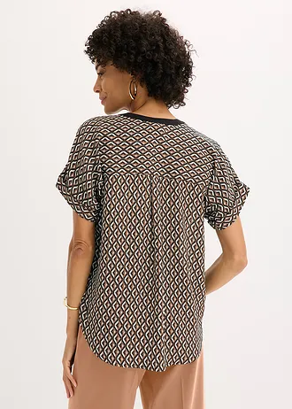 Oversized blouse  georgette, Kleur: mokkabruin-zwart grafische print